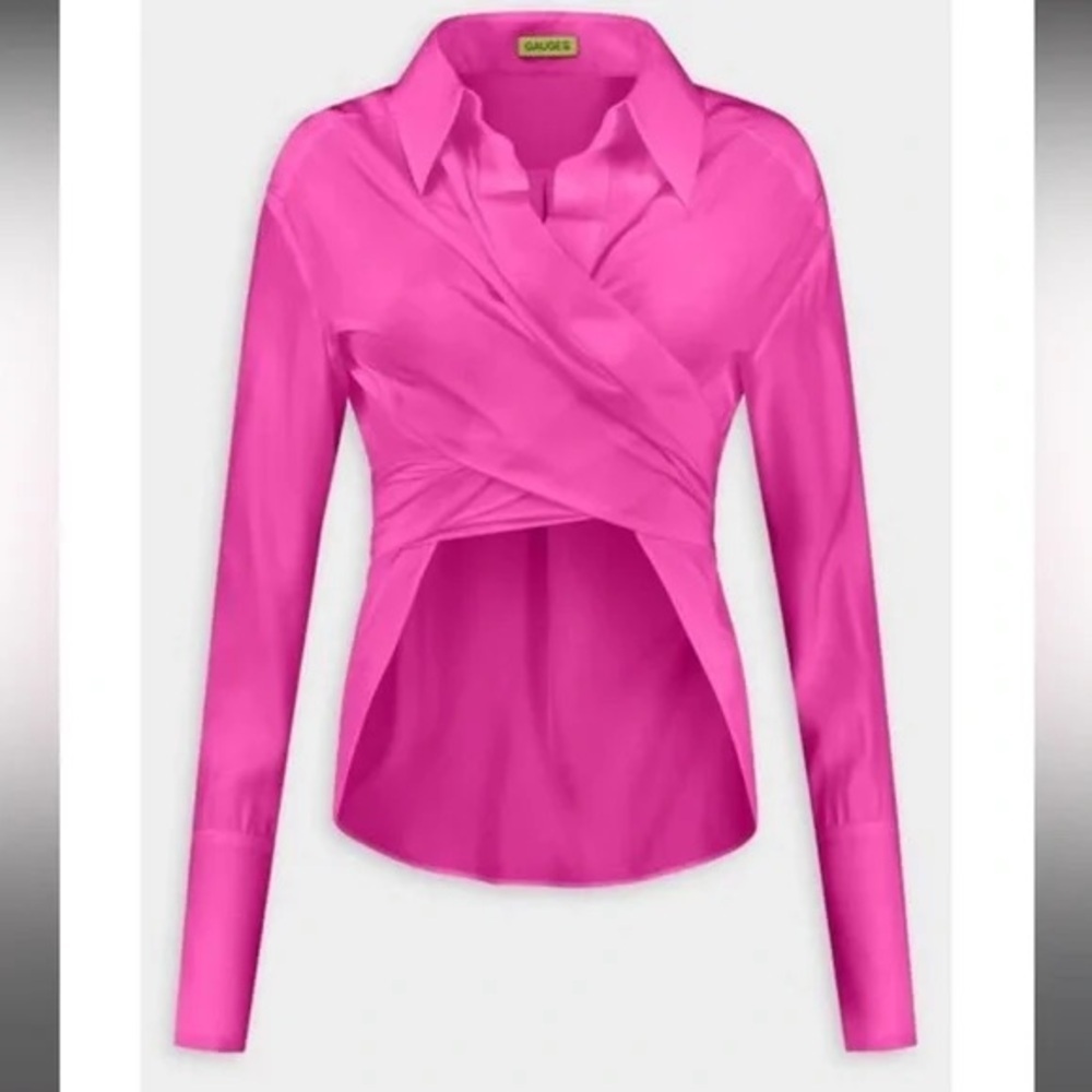 Gauge81 Sabinas 100% Silk Top Shirt Blouse Soft Pink Barbie Fuschia Rare XS Wrap - Picture 2 of 7